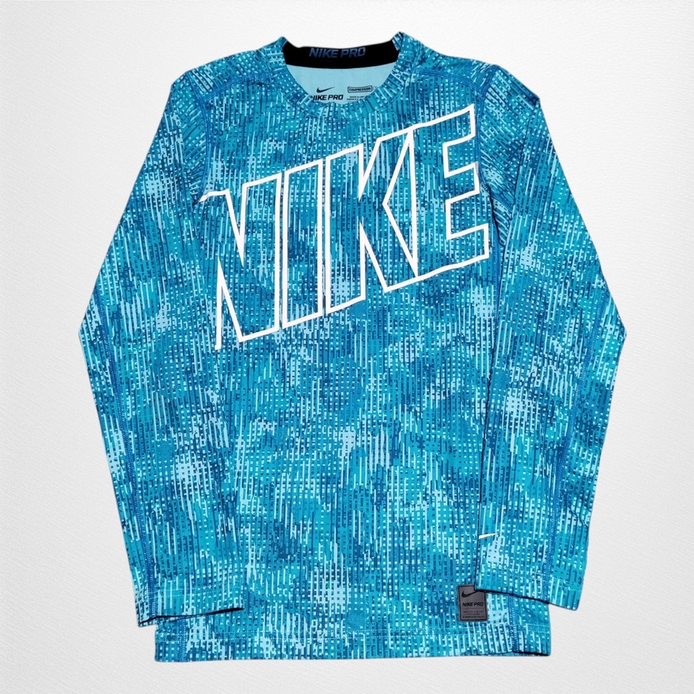 Nike Pro Dri-Fit Compression Shirt Youth XL Blue Geometric Long‎ Sleeve Athletic